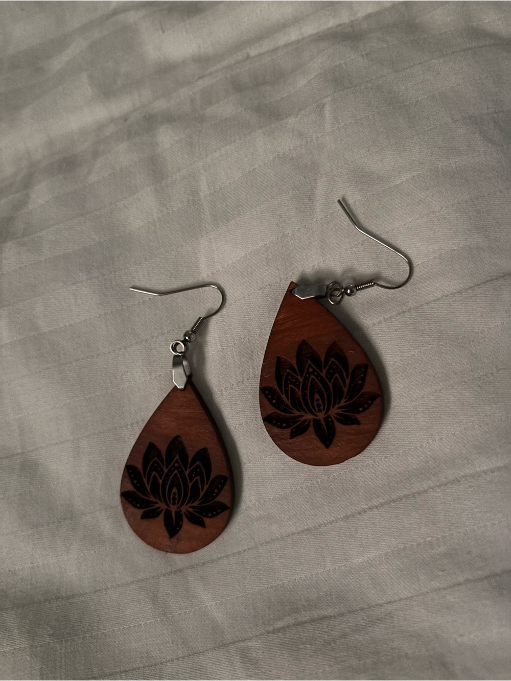 Wood Teardrop Lotus Earrings - Brown